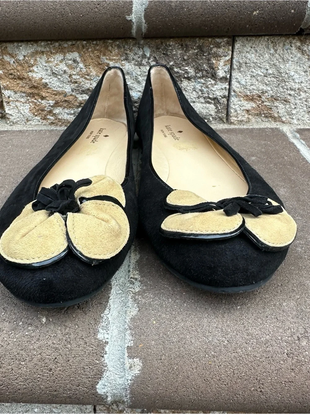 Kate Spade Black Suede Tan Floral Appliqué Slip On Ballet Flats Size 9.5